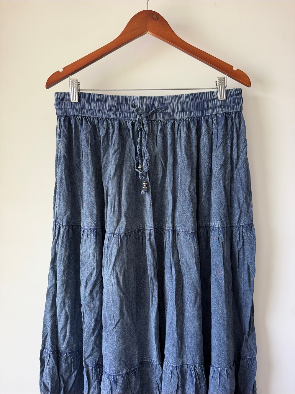 Mlle Gabrielle Blue Denim Look Tiered Midi Skirt Womens Plus Size 1X Drawstring - Picture 2 of 7
